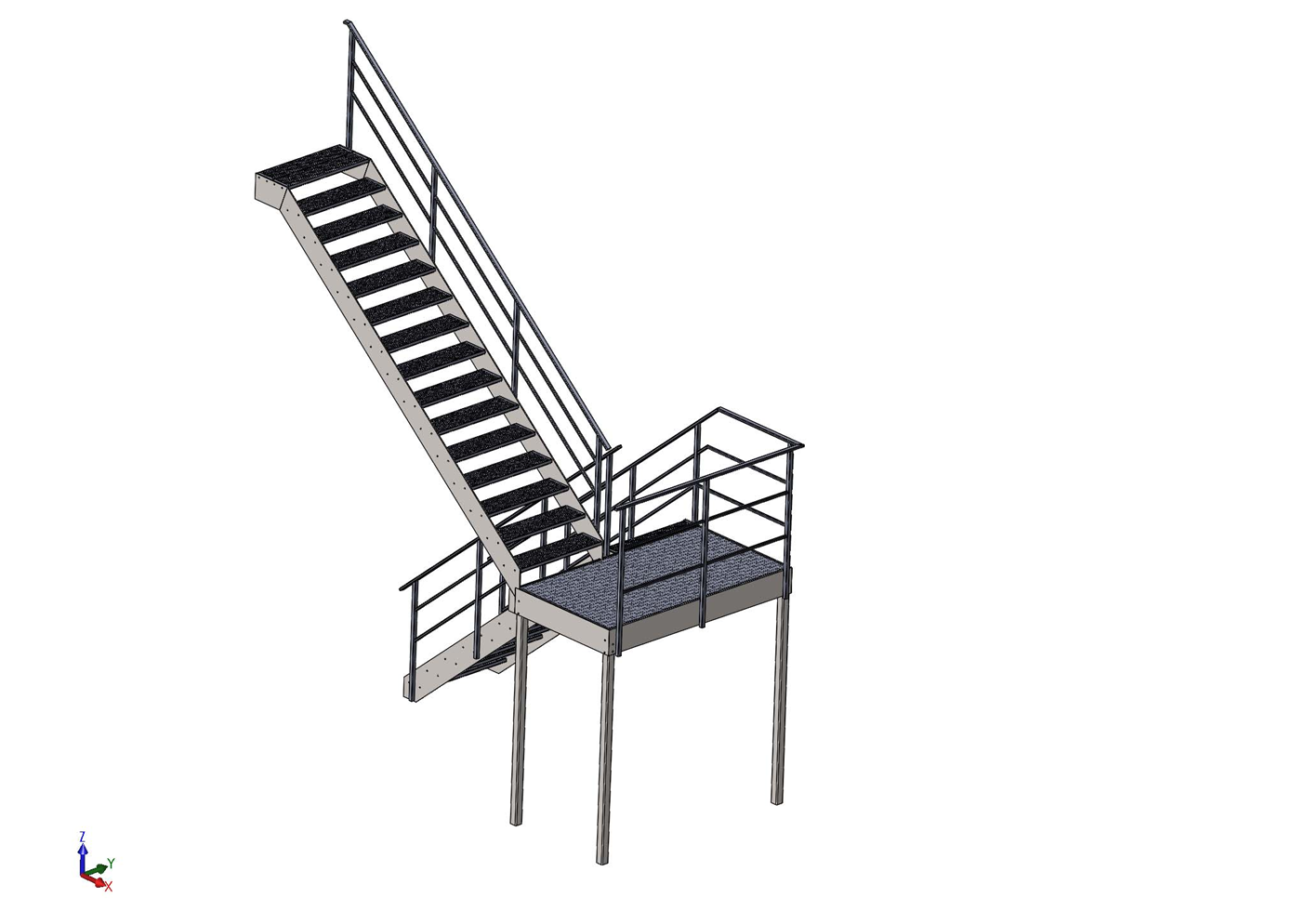 SolidWorks 3D-model af udvendig ståltrappe med repos