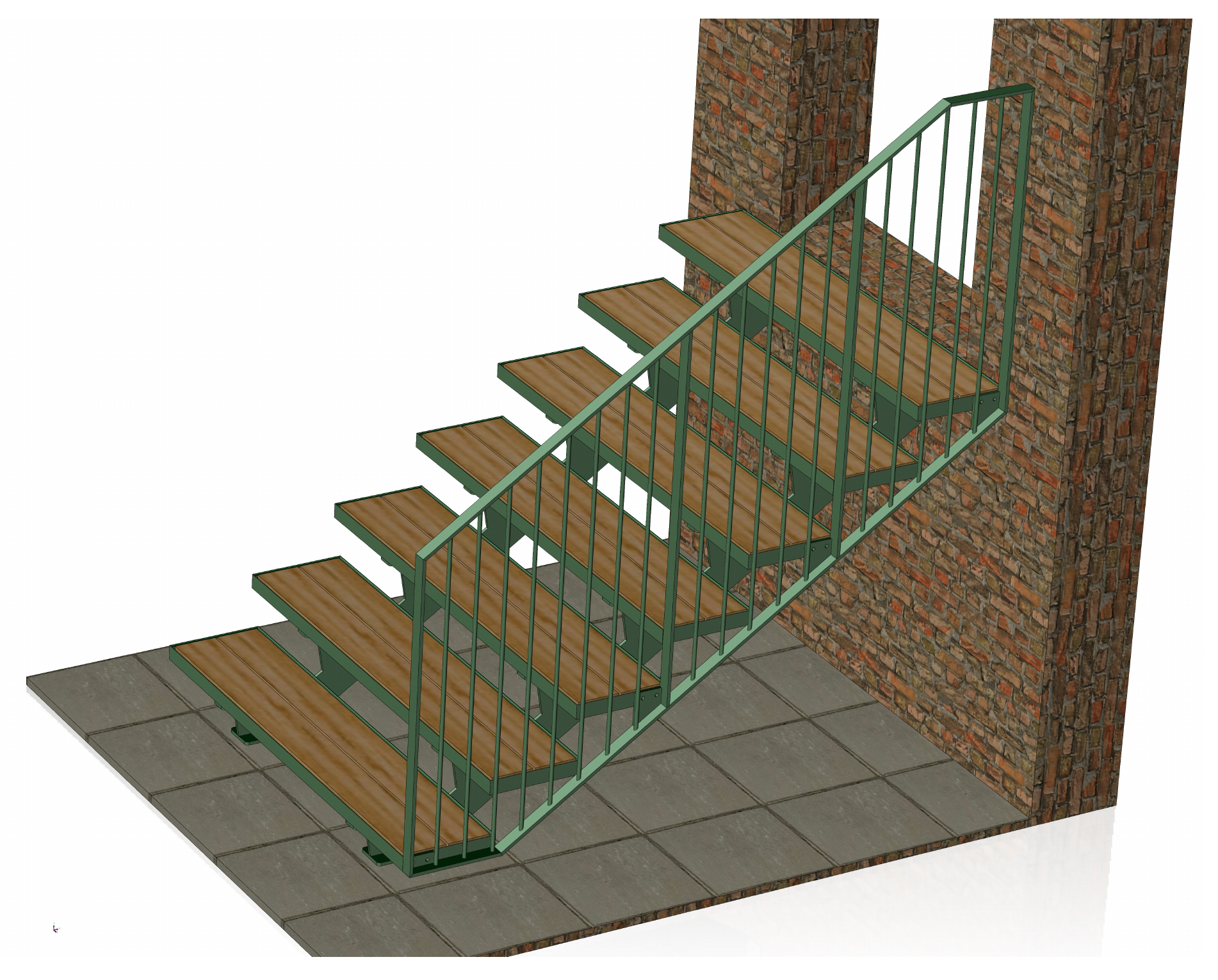 3D-model af ståltrappe med trætrin og værn